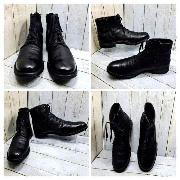 GBX Men 10.5M #091371 Black Leather Laceup SideZip Ankle Moto Boots
